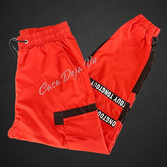 Tongtouy Slick Street Style Bright Orange Hip Hop Nylon Performance Pants Jogger - Picture 2 of 10